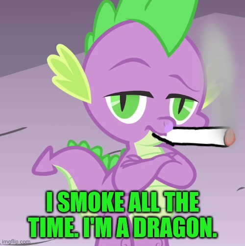 Disappointed Spike (MLP) | I SMOKE ALL THE TIME. I'M A DRAGON. | image tagged in disappointed spike mlp | made w/ Imgflip meme maker