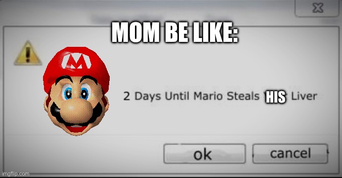 2 days until mario steals your liver | HIS MOM BE LIKE: | image tagged in 2 days until mario steals your liver | made w/ Imgflip meme maker