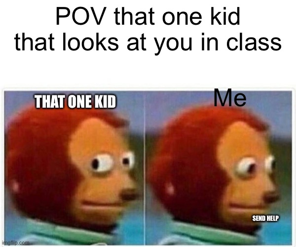 Monkey Puppet Meme | POV that one kid that looks at you in class; Me; THAT ONE KID; SEND HELP | image tagged in memes,monkey puppet | made w/ Imgflip meme maker