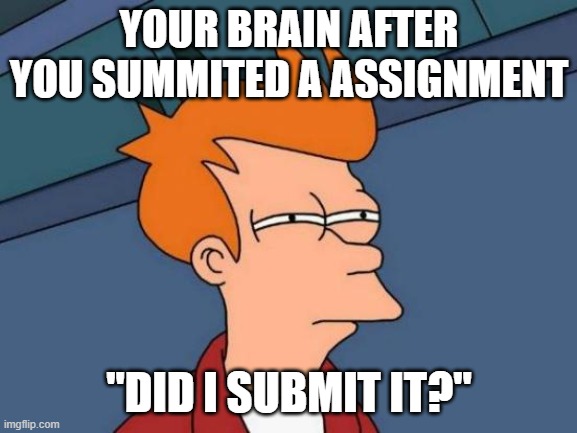 Did I submit | YOUR BRAIN AFTER YOU SUMMITED A ASSIGNMENT; "DID I SUBMIT IT?" | image tagged in memes,futurama fry | made w/ Imgflip meme maker