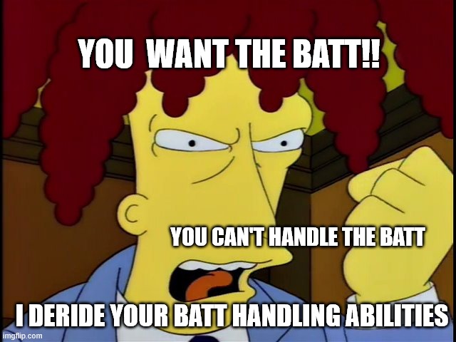 Sideshow Bob Courtspeech | YOU  WANT THE BATT!! YOU CAN'T HANDLE THE BATT; I DERIDE YOUR BATT HANDLING ABILITIES | image tagged in sideshow bob courtspeech | made w/ Imgflip meme maker