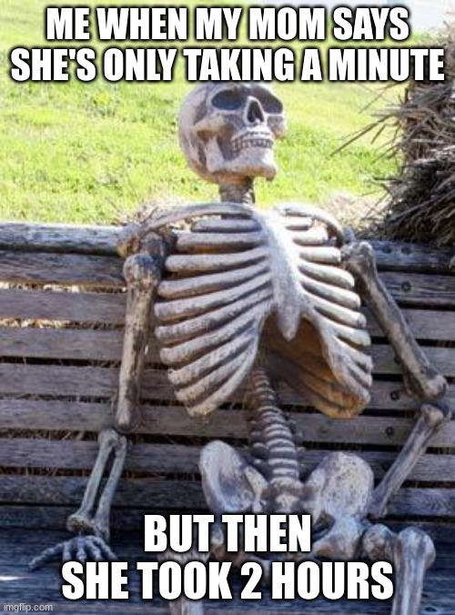 Waiting Skeleton Meme | ME WHEN MY MOM SAYS SHE'S ONLY TAKING A MINUTE; BUT THEN SHE TOOK 2 HOURS | image tagged in memes,waiting skeleton | made w/ Imgflip meme maker