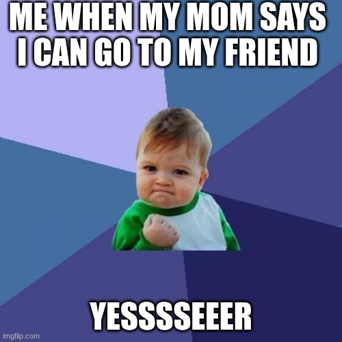Success Kid | ME WHEN MY MOM SAYS I CAN GO TO MY FRIEND; YESSSSEEER | image tagged in memes,success kid | made w/ Imgflip meme maker