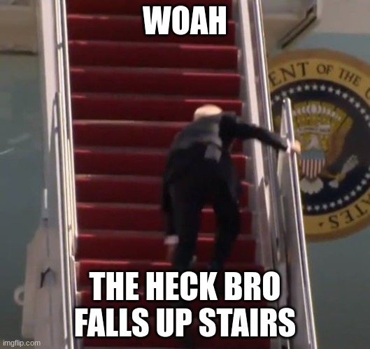 Joe Biden | WOAH; THE HECK BRO FALLS UP STAIRS | image tagged in joe biden | made w/ Imgflip meme maker