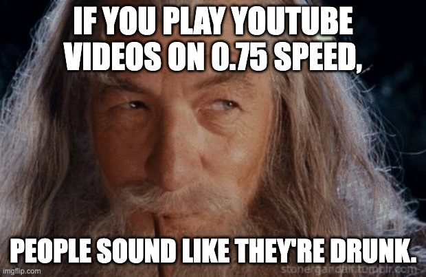 YouTube Slow | IF YOU PLAY YOUTUBE VIDEOS ON 0.75 SPEED, PEOPLE SOUND LIKE THEY'RE DRUNK. | image tagged in wise gandalf,drunk,fun | made w/ Imgflip meme maker