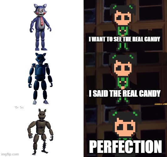 Candy is that you? | I WANT TO SEE THE REAL CANDY; I SAID THE REAL CANDY; PERFECTION | image tagged in perfection | made w/ Imgflip meme maker