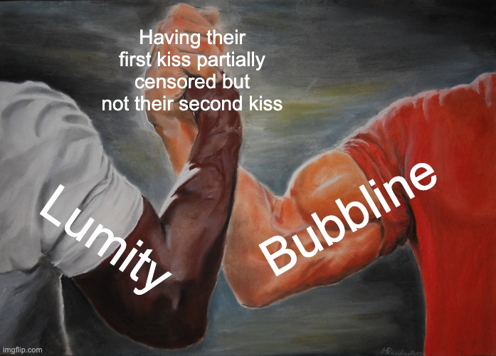 Epic Handshake Meme | Having their first kiss partially censored but not their second kiss; Bubbline; Lumity | image tagged in memes,epic handshake,adventure time,the owl house,lgbt | made w/ Imgflip meme maker