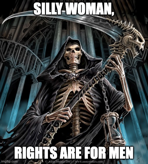 Grim Reaper | SILLY WOMAN, RIGHTS ARE FOR MEN | image tagged in grim reaper | made w/ Imgflip meme maker