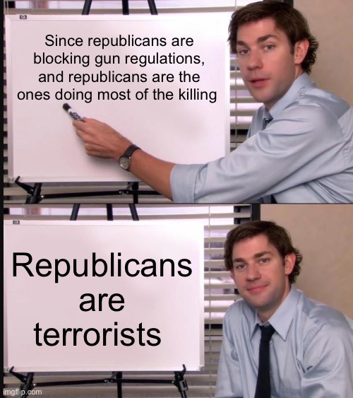 Jim Halpert Pointing to Whiteboard | Since republicans are blocking gun regulations, and republicans are the ones doing most of the killing; Republicans are terrorists | image tagged in jim halpert pointing to whiteboard | made w/ Imgflip meme maker