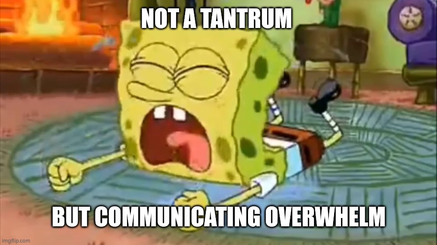 Autistic communication | NOT A TANTRUM; BUT COMMUNICATING OVERWHELM | image tagged in spongebob temper tantrum,autism,autistic,communication,overwhelm | made w/ Imgflip meme maker