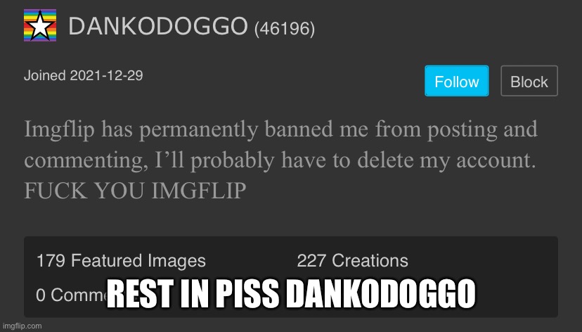 His account was banned this morning, this is a cause for celebration! | REST IN PISS DANKODOGGO | image tagged in dankodoggo troll | made w/ Imgflip meme maker