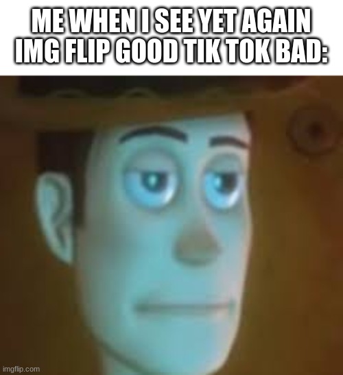 I hate those memes | ME WHEN I SEE YET AGAIN IMG FLIP GOOD TIK TOK BAD: | image tagged in disappointed woody,relatable | made w/ Imgflip meme maker