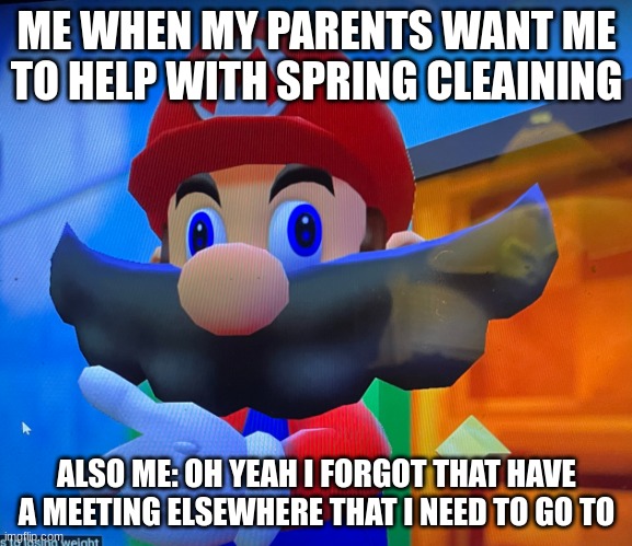 I don't do spring cleaning | ME WHEN MY PARENTS WANT ME TO HELP WITH SPRING CLEAINING; ALSO ME: OH YEAH I FORGOT THAT HAVE A MEETING ELSEWHERE THAT I NEED TO GO TO | image tagged in mario disappears | made w/ Imgflip meme maker