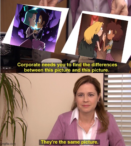 A Lumity and Sashanne meme | image tagged in memes,they're the same picture,the owl house,amphibia,dance | made w/ Imgflip meme maker