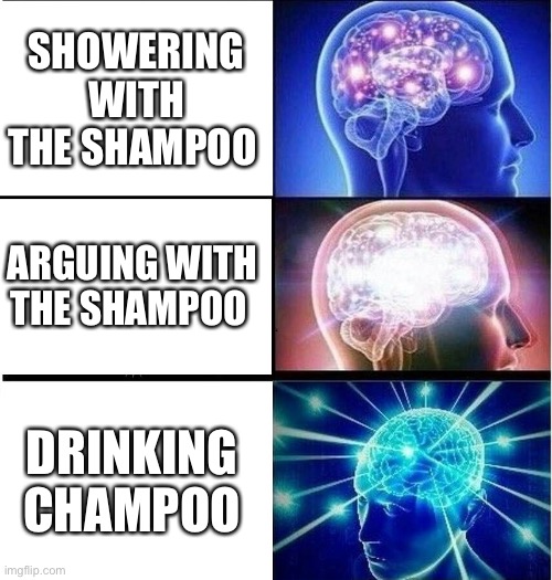 Expanding brain 3 panels | SHOWERING WITH THE SHAMPOO ARGUING WITH THE SHAMPOO DRINKING CHAMPOO | image tagged in expanding brain 3 panels | made w/ Imgflip meme maker