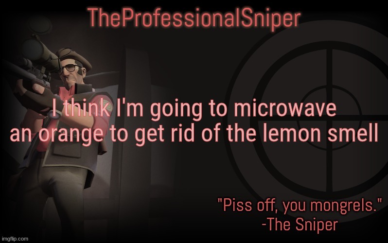 I think I'm going to microwave an orange to get rid of the lemon smell | image tagged in theprofessionalsniper's template | made w/ Imgflip meme maker