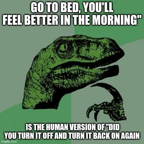 Philosoraptor Meme | GO TO BED, YOU'LL FEEL BETTER IN THE MORNING"; IS THE HUMAN VERSION OF "DID YOU TURN IT OFF AND TURN IT BACK ON AGAIN | image tagged in memes,philosoraptor | made w/ Imgflip meme maker