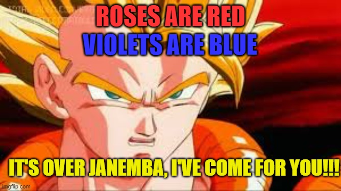 Super gogeta | ROSES ARE RED VIOLETS ARE BLUE IT'S OVER JANEMBA, I'VE COME FOR YOU!!! | image tagged in super gogeta | made w/ Imgflip meme maker