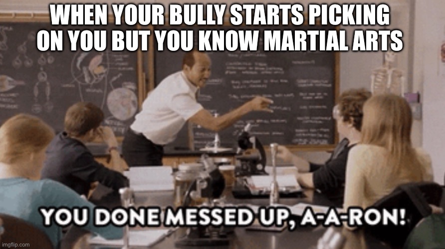 Bully Picks On You But You Know Martial Arts | WHEN YOUR BULLY STARTS PICKING ON YOU BUT YOU KNOW MARTIAL ARTS | image tagged in you done messed up,bully,martial arts,kick butt,you done it now | made w/ Imgflip meme maker