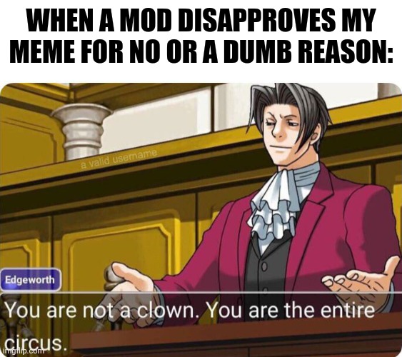 You are not a clown. You are the entire circus. | WHEN A MOD DISAPPROVES MY MEME FOR NO OR A DUMB REASON: | image tagged in you are not a clown you are the entire circus | made w/ Imgflip meme maker