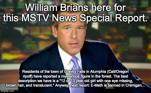 Brian Williams Was There Meme | William Brians here for this MSTV News Special Report. Residents of the town of Gravity Falls in Alumphia (Cali/Oregon ripoff) have reported a mysterious figure in the forest. The best description we have is a "12 or 13 year old girl with one eye missing, brown hair, and translucent." Anyway, next report: E-Meth is banned in Chimigan... | image tagged in memes,brian williams was there | made w/ Imgflip meme maker