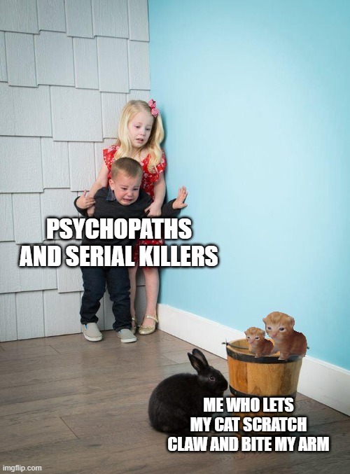 i added 2 herberts cuz i have 2 cats | PSYCHOPATHS AND SERIAL KILLERS; ME WHO LETS MY CAT SCRATCH CLAW AND BITE MY ARM | image tagged in kids afraid of rabbit | made w/ Imgflip meme maker