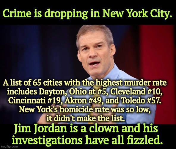 Crime is dropping in New York City. A list of 65 cities with the highest murder rate 
includes Dayton, Ohio at #5, Cleveland #10, 
Cincinnati #19, Akron #49, and Toledo #57. 
New York's homicide rate was so low, 
it didn't make the list. Jim Jordan is a clown and his 
investigations have all fizzled. | image tagged in jim jordan,clown,ohio,murder,investigation,fail | made w/ Imgflip meme maker