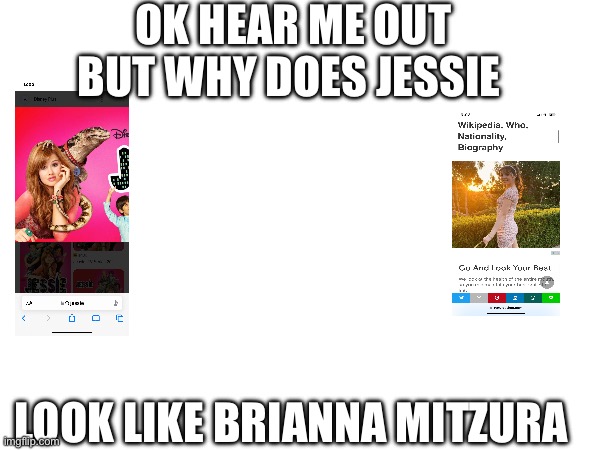 They look the same | OK HEAR ME OUT BUT WHY DOES JESSIE; LOOK LIKE BRIANNA MITZURA | image tagged in disney,youtuber | made w/ Imgflip meme maker