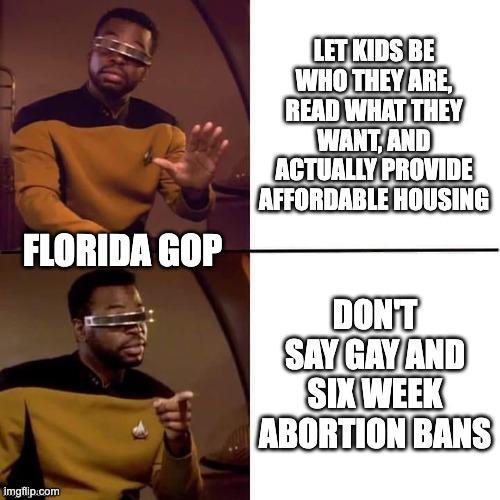 Geordi Drake | LET KIDS BE WHO THEY ARE, READ WHAT THEY WANT, AND ACTUALLY PROVIDE AFFORDABLE HOUSING; FLORIDA GOP; DON'T SAY GAY AND SIX WEEK ABORTION BANS | image tagged in geordi drake | made w/ Imgflip meme maker