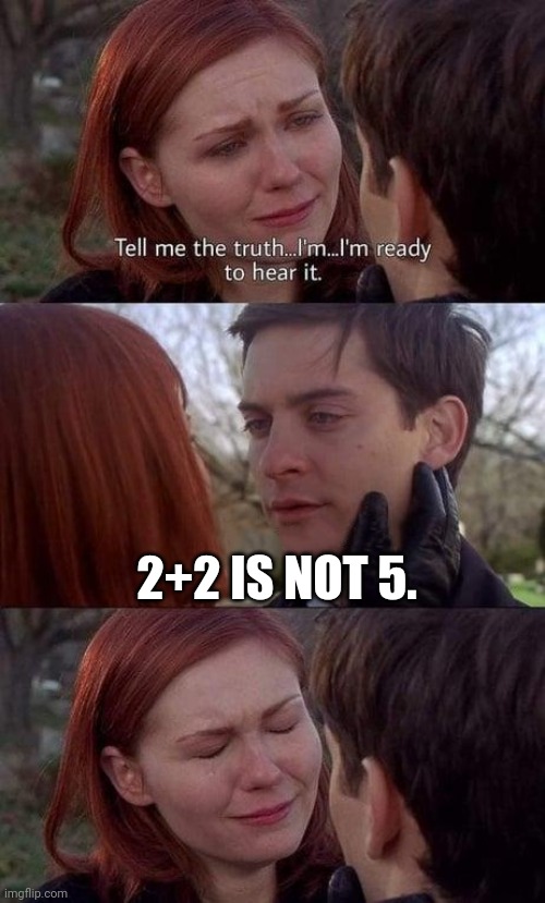 Tell me the truth, I'm ready to hear it | 2+2 IS NOT 5. | image tagged in tell me the truth i'm ready to hear it,memes,tobey maguire | made w/ Imgflip meme maker