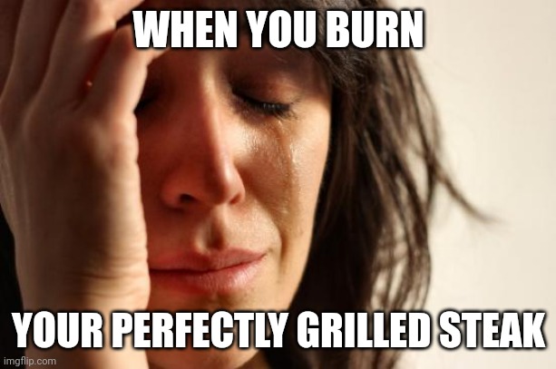 Not the steak!!! | WHEN YOU BURN; YOUR PERFECTLY GRILLED STEAK | image tagged in memes,first world problems | made w/ Imgflip meme maker