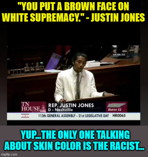 Just another racist democrat... | "YOU PUT A BROWN FACE ON WHITE SUPREMACY." - JUSTIN JONES; YUP...THE ONLY ONE TALKING ABOUT SKIN COLOR IS THE RACIST... | image tagged in racist,democrats | made w/ Imgflip meme maker