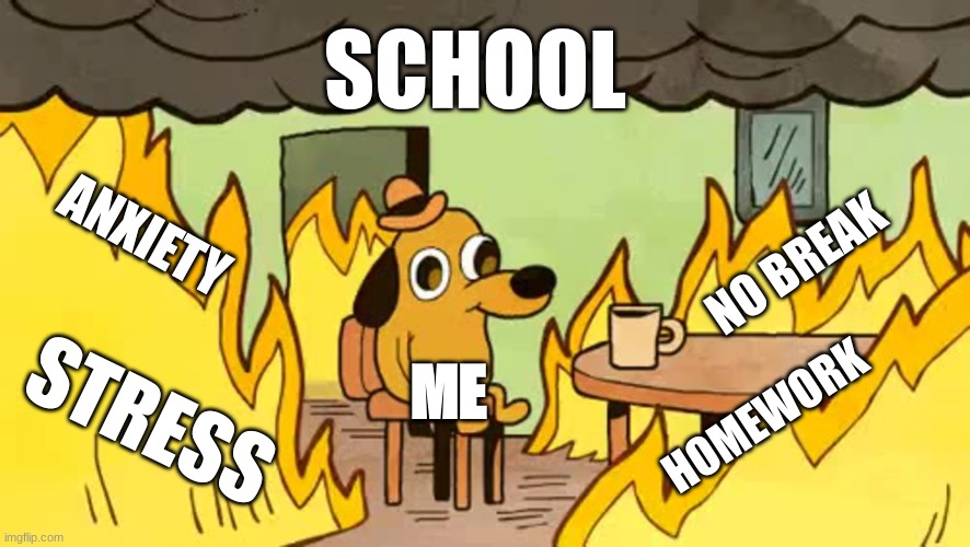 School in a nutshell | SCHOOL; ANXIETY; NO BREAK; ME; STRESS; HOMEWORK | image tagged in everythings-fine | made w/ Imgflip meme maker