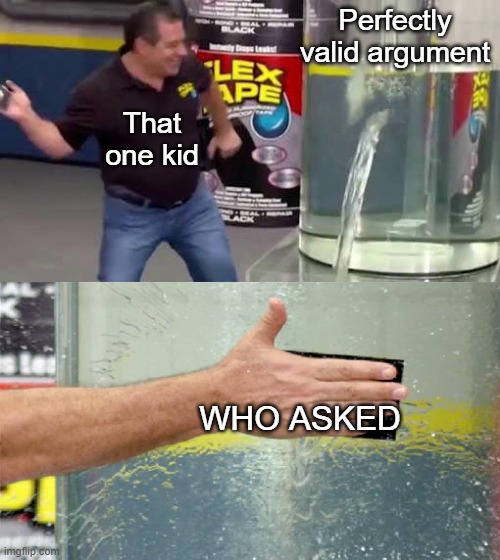 why do people always do this | Perfectly valid argument; That one kid; WHO ASKED | image tagged in flex tape | made w/ Imgflip meme maker