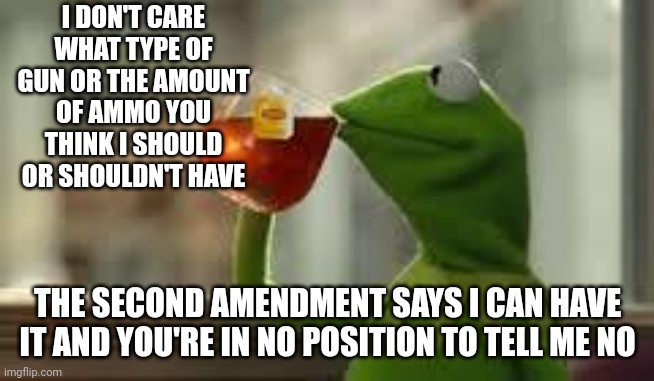 "The right of the people to bear arms . . . shall not be INFRINGED." | I DON'T CARE WHAT TYPE OF GUN OR THE AMOUNT OF AMMO YOU THINK I SHOULD OR SHOULDN'T HAVE; THE SECOND AMENDMENT SAYS I CAN HAVE IT AND YOU'RE IN NO POSITION TO TELL ME NO | image tagged in kirmit the frog | made w/ Imgflip meme maker