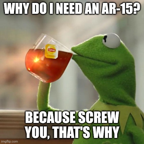 That's none of your damned business. | WHY DO I NEED AN AR-15? BECAUSE SCREW YOU, THAT'S WHY | image tagged in memes,but that's none of my business,kermit the frog | made w/ Imgflip meme maker