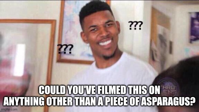 Black guy confused | COULD YOU'VE FILMED THIS ON ANYTHING OTHER THAN A PIECE OF ASPARAGUS? | image tagged in black guy confused | made w/ Imgflip meme maker
