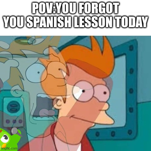 fry | POV:YOU FORGOT YOU SPANISH LESSON TODAY | image tagged in fry | made w/ Imgflip meme maker