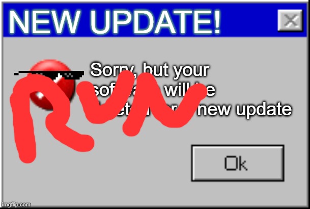 RUNNNNNNNNNNNN | NEW UPDATE! Sorry, but your software will be deleted for a new update | image tagged in windows error message | made w/ Imgflip meme maker