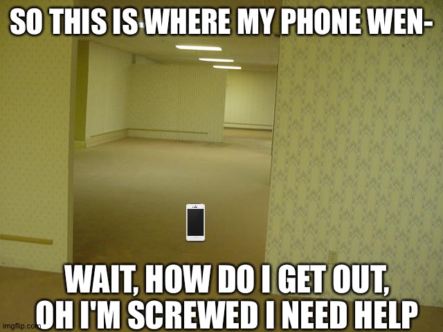 I CAN'T GET OUT I NEED HELP | SO THIS IS WHERE MY PHONE WEN-; WAIT, HOW DO I GET OUT, OH I'M SCREWED I NEED HELP | image tagged in the backrooms,phone is gone but i found it | made w/ Imgflip meme maker