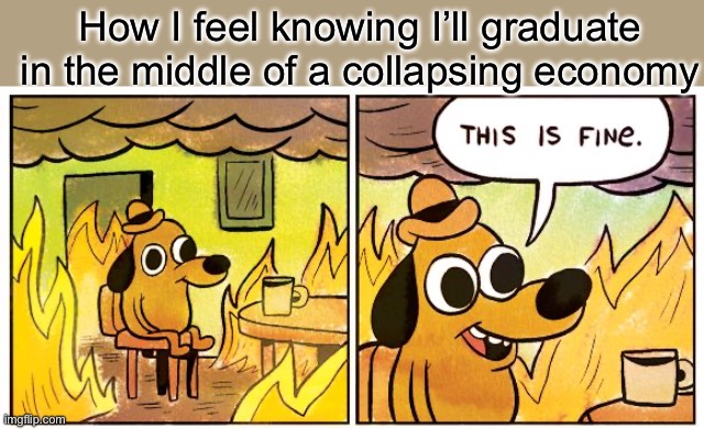 As a junior, it could get worse in the next year, but I wish the best financial luck to all you seniors when you graduate! | How I feel knowing I’ll graduate in the middle of a collapsing economy | image tagged in memes,this is fine | made w/ Imgflip meme maker