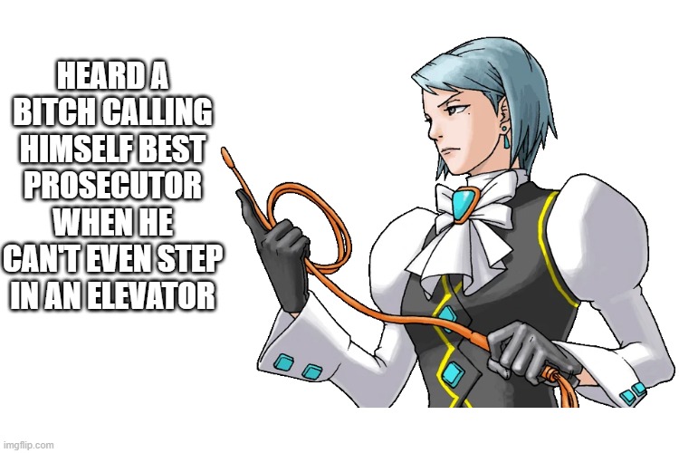 ultimate prosecutor | HEARD A BITCH CALLING HIMSELF BEST PROSECUTOR WHEN HE CAN'T EVEN STEP IN AN ELEVATOR | image tagged in ace attorney,franziska von karma,edgeworth,miles edgeworth | made w/ Imgflip meme maker