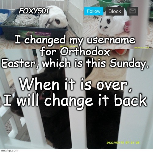 Foxy501 announcement template | I changed my username for Orthodox Easter, which is this Sunday. When it is over, I will change it back | image tagged in foxy501 announcement template,username,easter,holidays | made w/ Imgflip meme maker