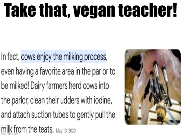 Vegan teacher: Milking cows is torture! Cows: .________. | Take that, vegan teacher! | image tagged in that vegan teacher,take that | made w/ Imgflip meme maker