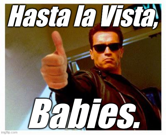 terminator thumbs up | Hasta la Vista, Babies. | image tagged in terminator thumbs up | made w/ Imgflip meme maker