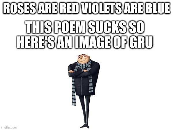I got bored here's a meme for you | ROSES ARE RED VIOLETS ARE BLUE; THIS POEM SUCKS SO HERE'S AN IMAGE OF GRU | image tagged in gru meme,roses are red violets are blue | made w/ Imgflip meme maker