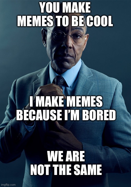 We Are Not The Same | YOU MAKE MEMES TO BE COOL; I MAKE MEMES BECAUSE I’M BORED; WE ARE NOT THE SAME | image tagged in gus fring we are not the same,make memes,cool,bored,we are not the same | made w/ Imgflip meme maker
