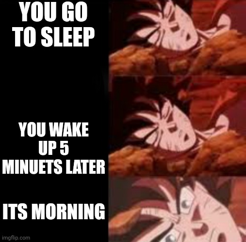 Does this ever hapen to you? | YOU GO TO SLEEP; YOU WAKE UP 5 MINUETS LATER; ITS MORNING | image tagged in dragon ball sleeping ultra instinct goku | made w/ Imgflip meme maker