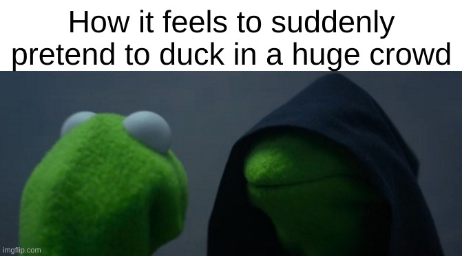 pretending to duck | How it feels to suddenly pretend to duck in a huge crowd | image tagged in duck,crowd,evil kermit | made w/ Imgflip meme maker
