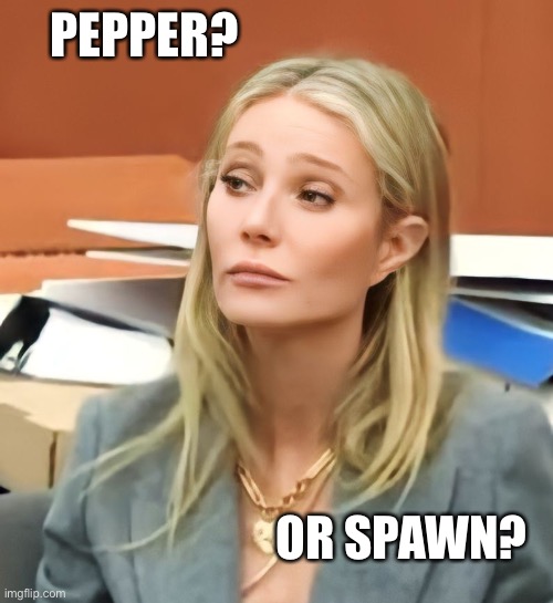 Paltrow Eyebrows | PEPPER? OR SPAWN? | image tagged in paltrow eyebrows | made w/ Imgflip meme maker
